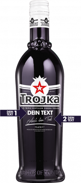 Trojka Black Vodka Likör Flasche mit personalisiertem Text auf Deutsch