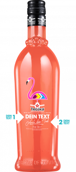 Trojka Flamingo Vodka Likör Flasche personalisiert: Text auf Deutsch