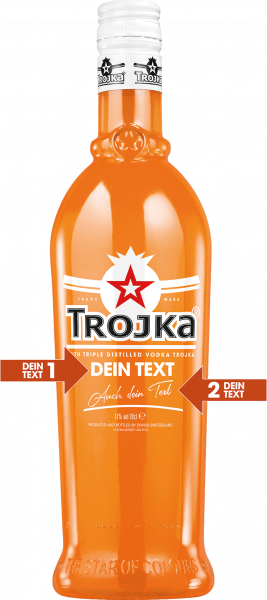 Trojka Orange Vodka Likör Flasche personalisiert: Text auf Deutsch
